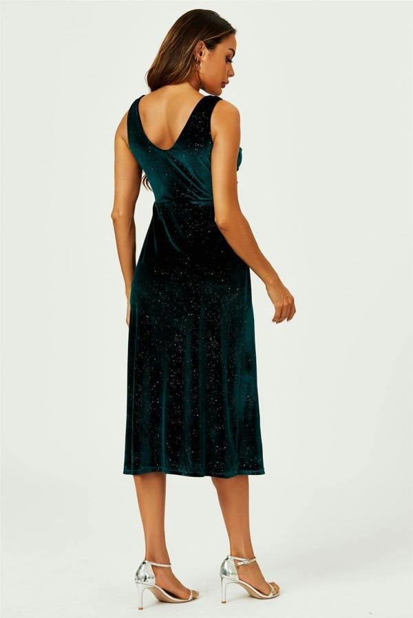 FS Collection Silver Sparkly Velvet Knot Front Midi Dress In Green