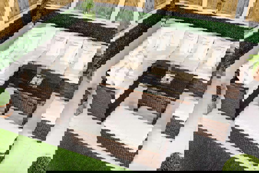 Giardino Santorini 6 Seat Modular Corner Sofa Rattan Garden Furniture Set Outdoor Adjustable Drinks Cooler Coffee Table & Bench