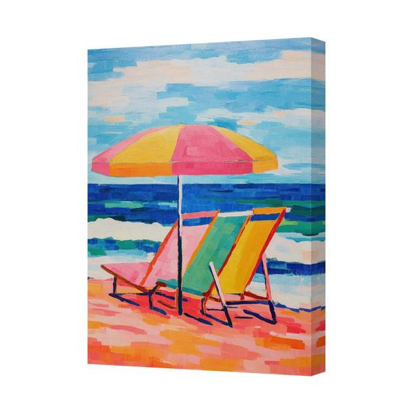 Benjamin Tate Design Contemporary Beach Canvas Art Print With Umbrella And Deck Chairs