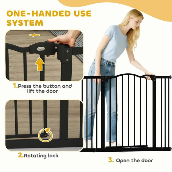 Black pet gate safety barrier with one-hand door release button and rotating lock