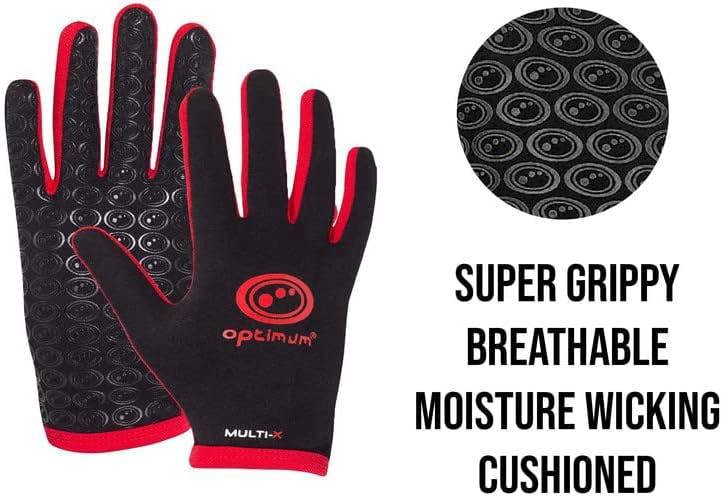 Black and red Optimum Multi-X glove feature graphic: super grippy, breathable, moisture wicking, cushioned - Optimum