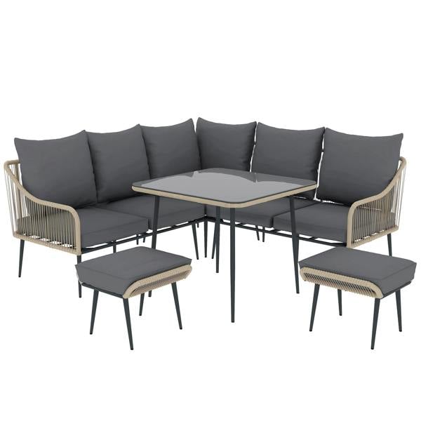 Wyld Haus Nofise Rattan Brown and Grey 7 Seater Garden Sofa Set with Coffee Table and 2 Stools