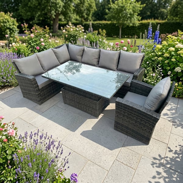 Fimous High Back PE Rattan Corner Sofa Set Garden Furniture Adjustable Rising Lifting Table Set With Chair