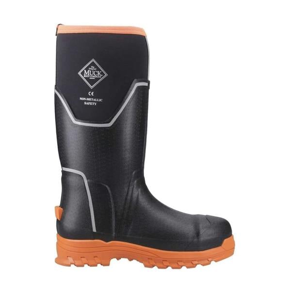 Muck Boots MUCK Boots GRIT S5 Mens Tall Safety Composite Toe/Midsole Wellie, black and orange tall safety work boot with non-metallic safety features and rugged outsole.