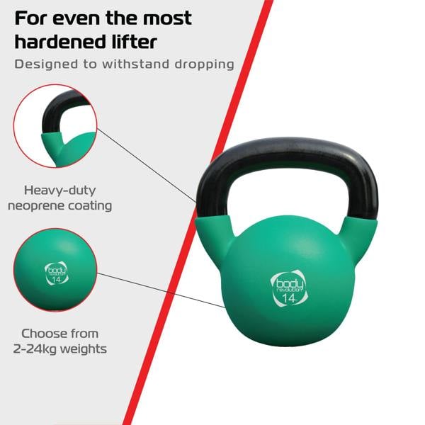 14kg Body Revolution kettlebell with a teal neoprene coating, black handle, and durable design for intense workouts and easy grip