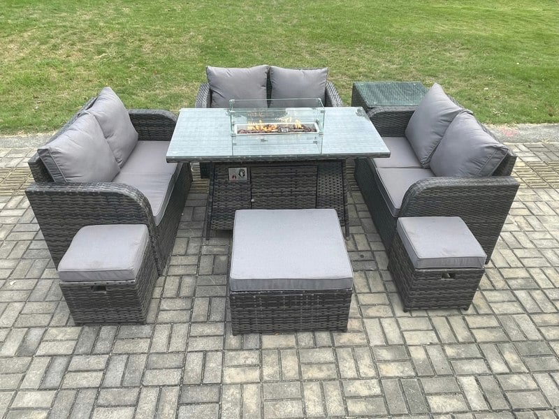 Fimous 9 Seater Outdoor Rattan Furniture Garden Dining Set Gas Fire Pit Table with Side Table Love Sofa 3 Footstools Dark Grey Mixed