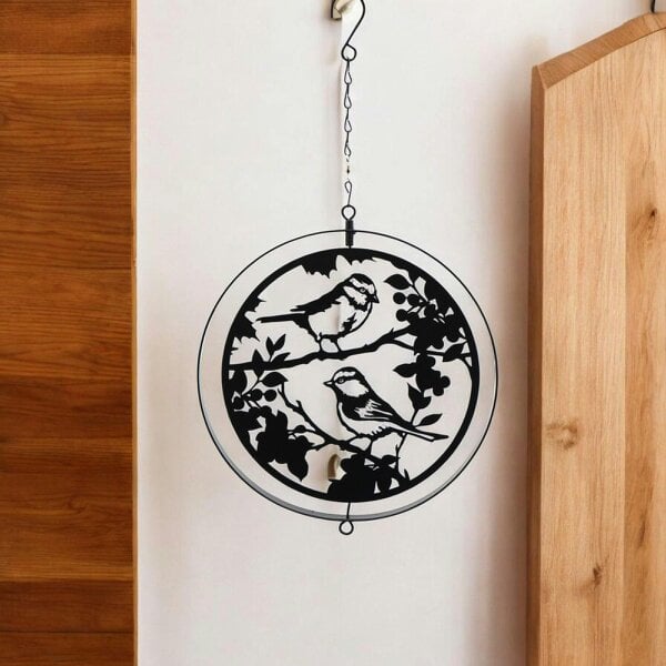 EDH Door Hardware Black Metal Blue Tit Hanging Silhouette Orbit Spinner – 39cm x 23cm | Elegant Garden & Patio Décor | Wind Spinner for Outdoor Spaces