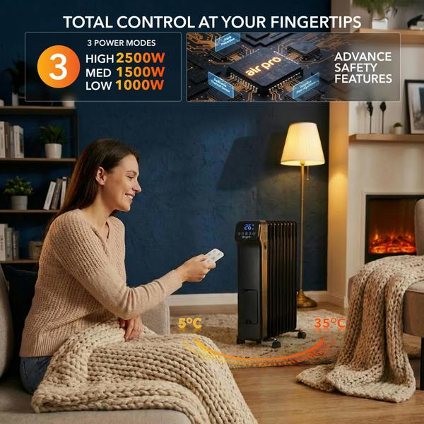 AIR PRO Oil-Filled Electric Radiator 2500W with Thermostat, 9 Hour Timer