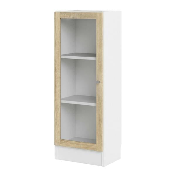Furniture To Go Basic Low Narrow Display Cabinet in White (2 Shelves) with Glass Oak Door