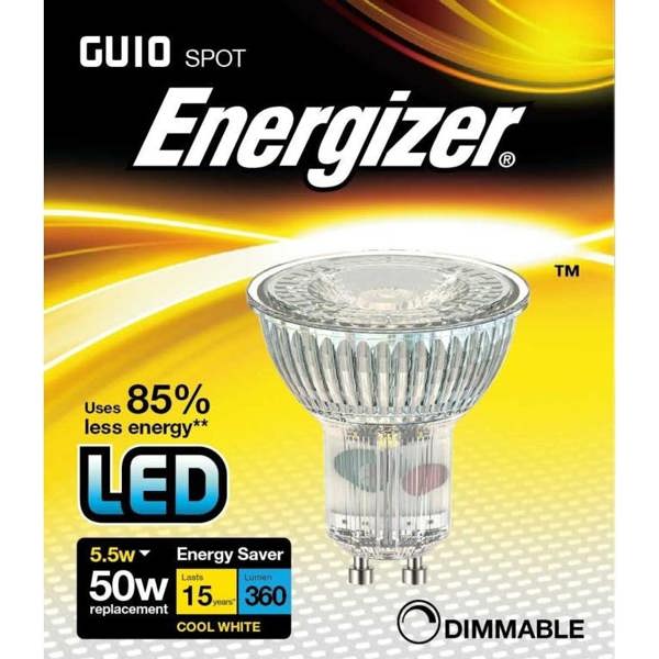 Energizer LED GU10 5.5w 350lm Light Bulb Cap Cool White Dimmable - Silver - 
