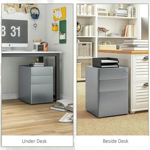 Grey rolling under-desk file cabinet with three drawers and lockable front panel