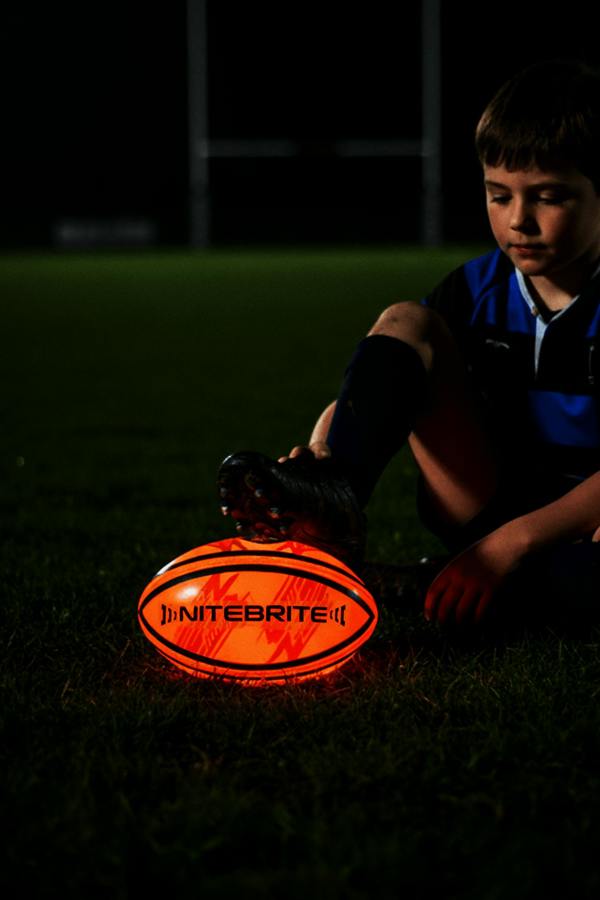 LED Glow Rugby Ball Size 5 – Motion Activated with Auto-Off – Durable Water-Resistant Night Play - Optimum