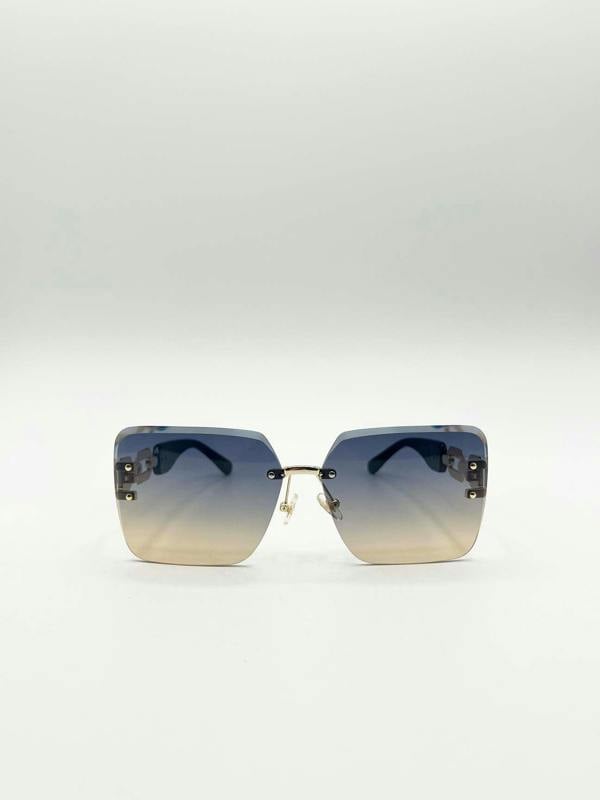 Rimless Oversized Square Sunglassses in Navy Gold - svnx
