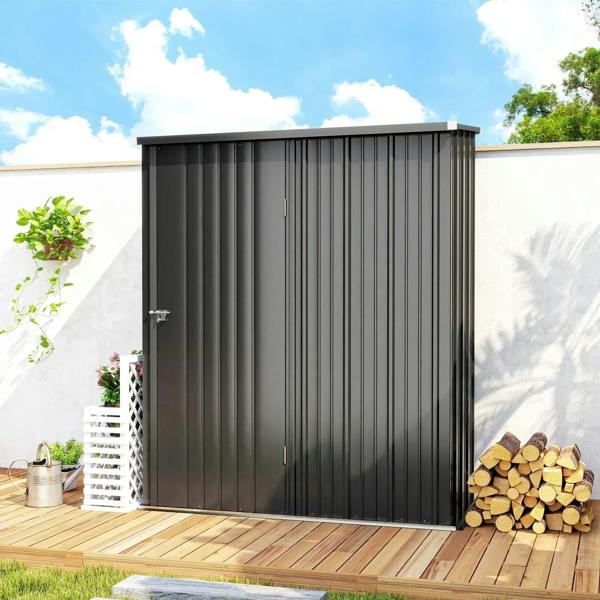 Black corrugated steel garden shed with flat roof, single door, and panel walls