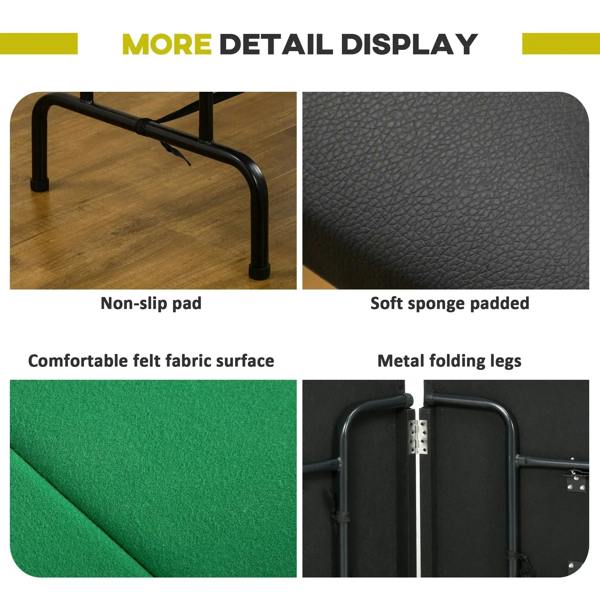 Close-up of poker table details: non-slip pad, soft padded surface, and metal folding legs
