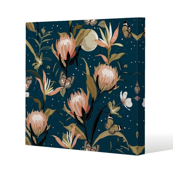 Benjamin Tate Design The Moon, Butterflies & Flowers Slim Style Canvas Print  40x40cm , 15mm Slim Real wood.