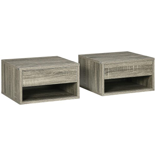 Wyld Haus Rosama Set Of 2 Grey Wood Effect Floating Bedside Tables Wall Mounted 1 Drawer 1 Shelf