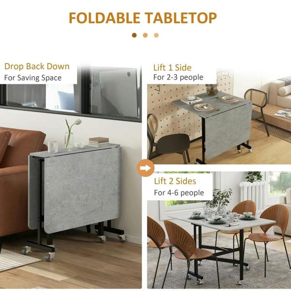 Grey marble-effect drop-leaf folding tabletop with black frame on caster wheels