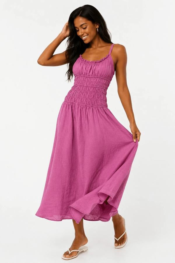 Claudio Lugli Sleeveless Shirred Linen Midi Dress — women's summer linen dress
