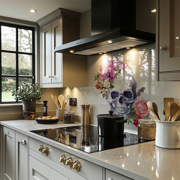 Benjamin Tate Design Human Skull With Flowers Splash Back