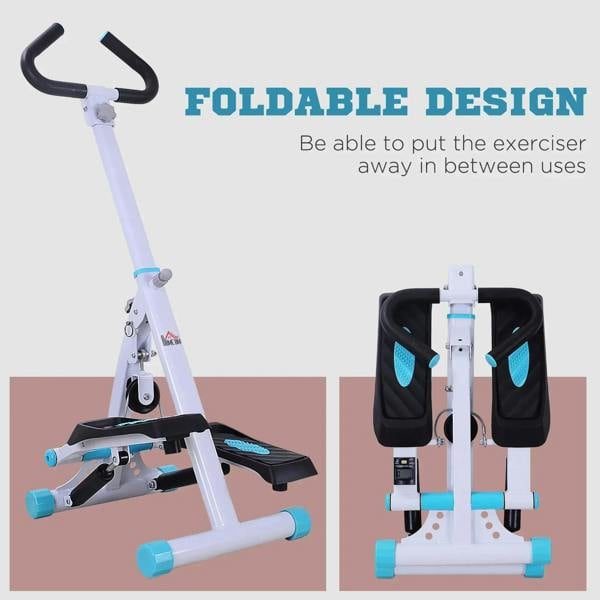 White foldable stepper exercise machine with handlebar and blue foot pedals