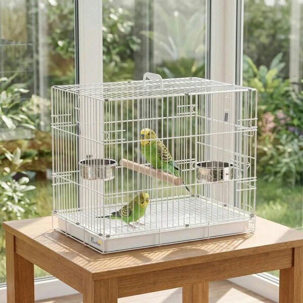 Bird Cage Foldable Portable Budgie Cage with Wooden Perch 2 Bowls for Travel 49 x 31 x 40 cm White