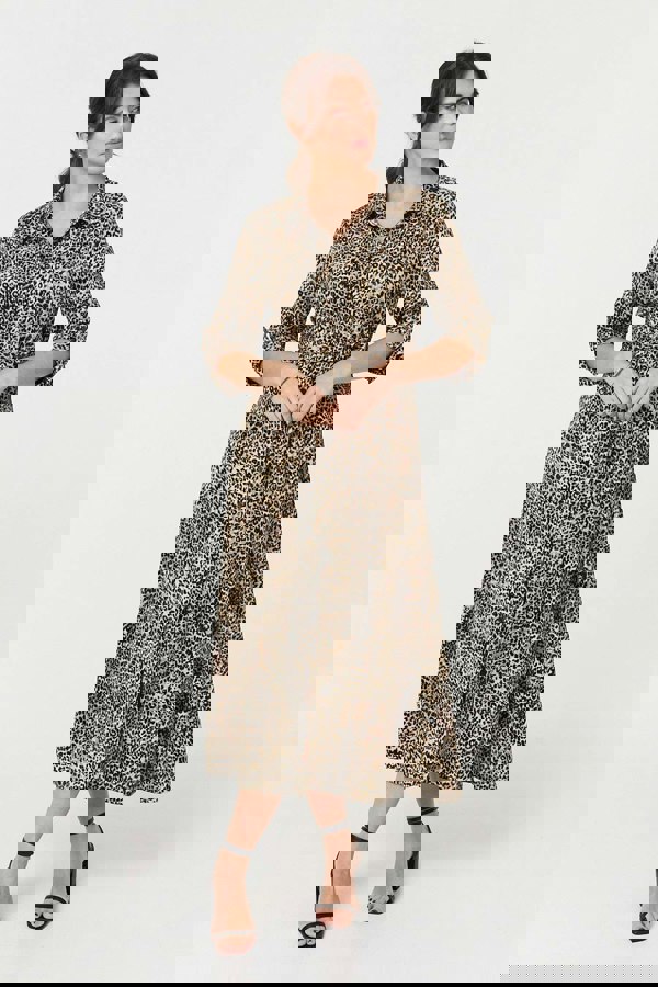 Green | Animal Print Tie Waist Midi Shirt Dress
