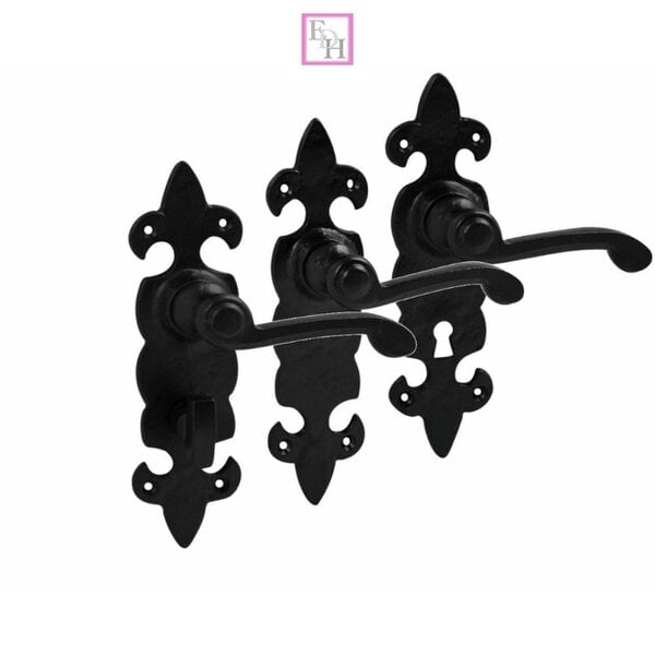 EDH Door Hardware Black Cast Iron Fleur-de-Lys Door Handles – Lever Latch, Bathroom Lock & 3 Lever Lock Sets