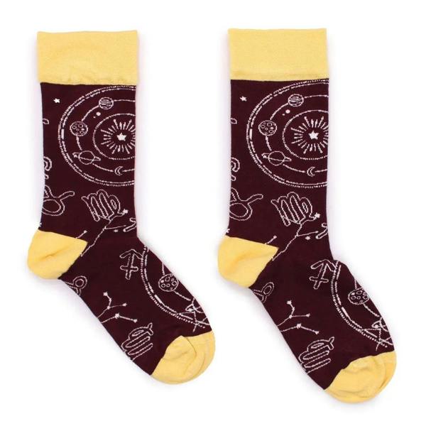 Burgundy bamboo crew socks with yellow cuffs and zodiac constellation pattern