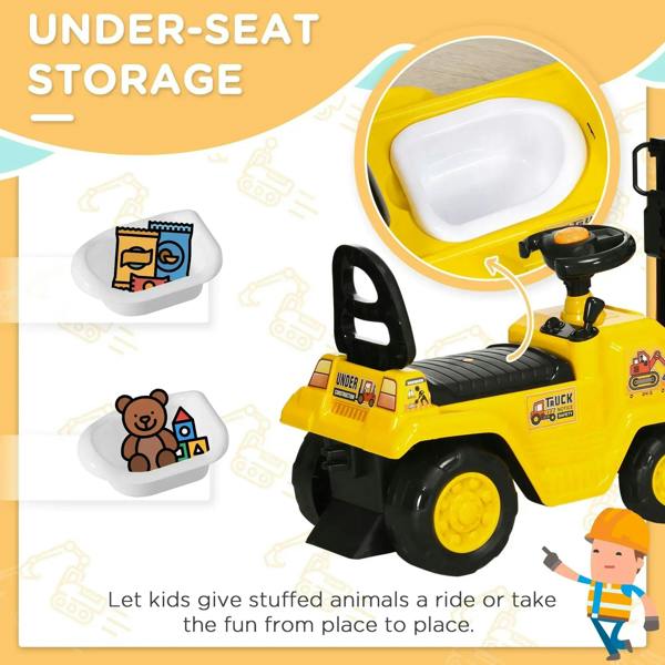 Yellow kids ride-on forklift truck with under-seat storage compartment and openable tray area