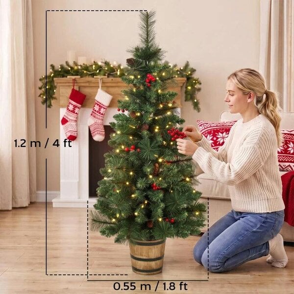 Bobobiy 2 PCs Prelit Christmas Trees with Dual-Colour LEDs, Berry, Pinecones, Battery-Operated, 11 Modes, Pot, Remote, 4ft