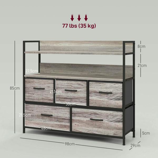 Grey wood-effect cabinet with five fabric drawers and black steel frame