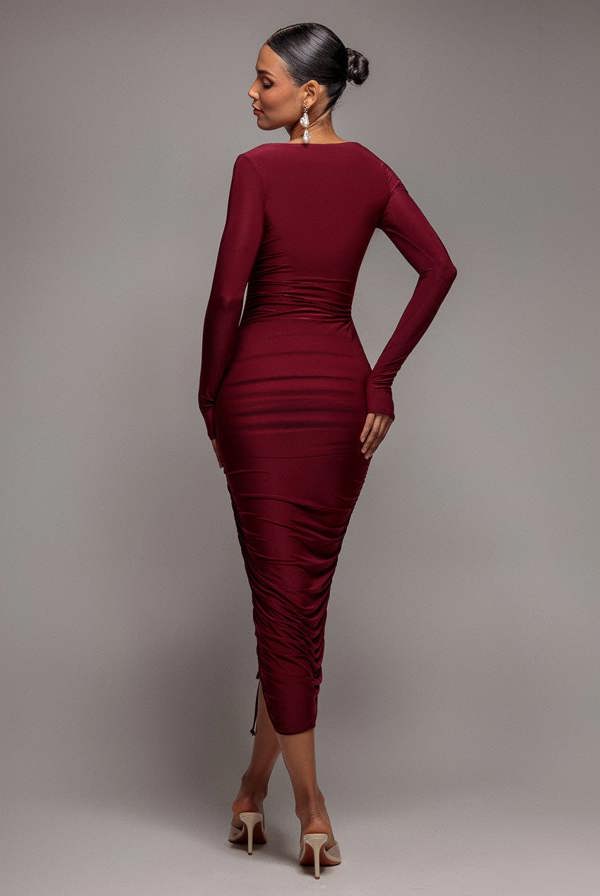 Asymmetrical Neck Ruched Midi Dress - Wine DR3541