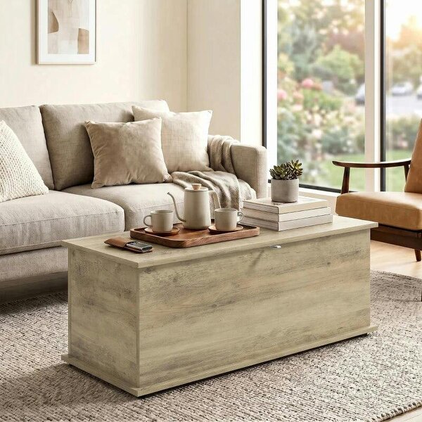 Large 114L Storage Chest Grey Wood Bench Trunk with Safety Lid for Bedroom Hallway and Living Room 100 x 40 x 40cm