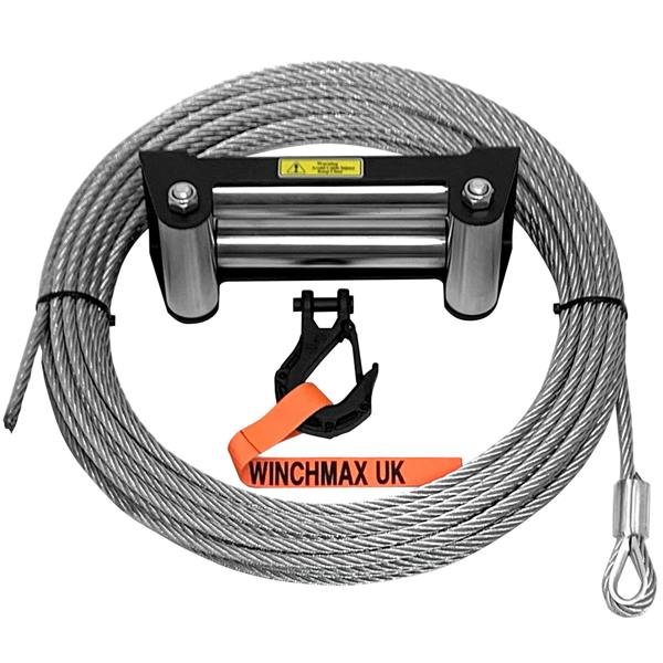WINCHMAX Steel Rope 26m x 9.5mm, Hole Fix. Matt Black Roller Fairlead. 3/8 inch Tactical Hook. For winches up to 13,500lb.