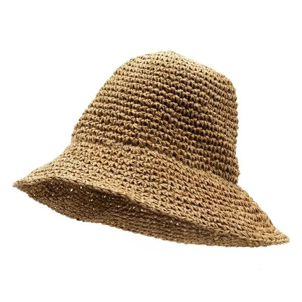 Tan woven straw floppy sun hat, wide brim and low curved crown