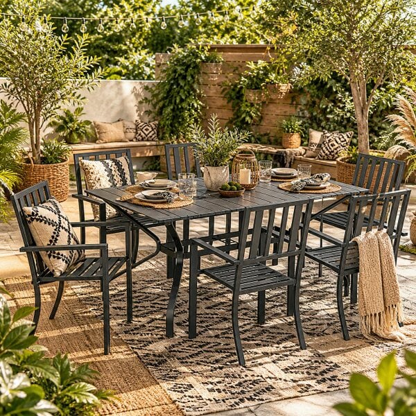 Wyld Haus Suri Metal Black 6 Seater Outdoor Dining Table And Chairs Set With Parasol Hole