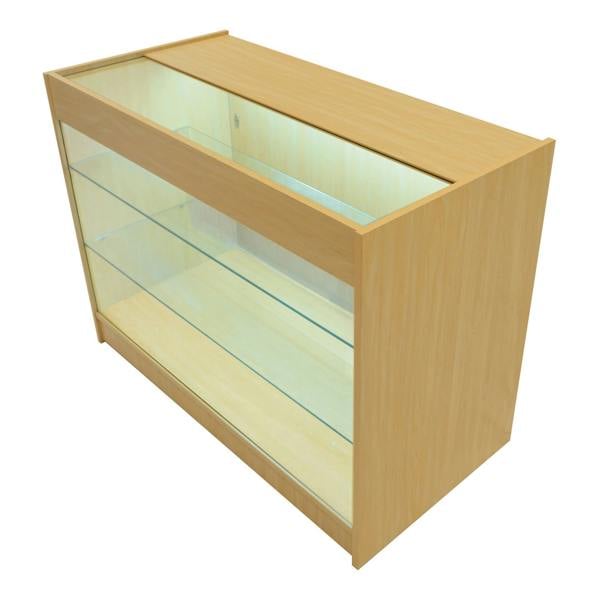 Maple Apollo LED shop counter set featuring a sleek design with glass shelves and illuminated interior for product display