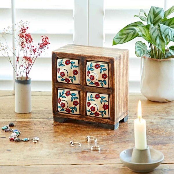 Paper High White Floral Mango Wood 4 Drawer Jewellery Box