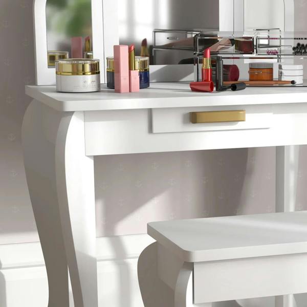 White kids dressing table with tabletop storage ledge and drawer, with matching stool