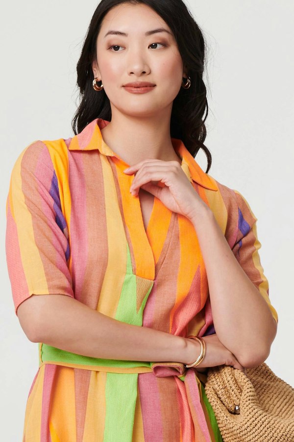 Green | Striped Knee Length Tie Waist Dress