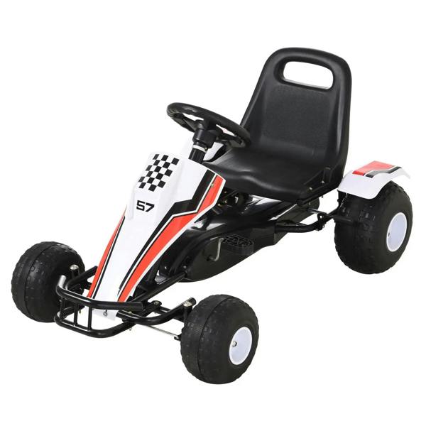 White kids pedal go-kart with black steering wheel, bucket seat, and four wheels
