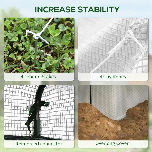 Walk-in greenhouse with shelves showing ground stakes, guy ropes, and reinforced cover.