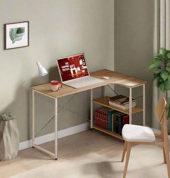 Modcraft L-Shaped Computer Desk – Light Oak & White Home Office Workstation with Storage Shelves