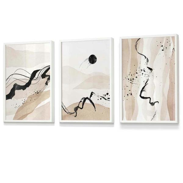 Set of 3 Abstract Beige and Black Landscape Wall Art Prints / Framed | Artze Wall Art UK