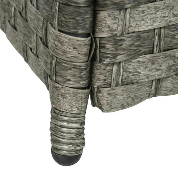 Grey rattan sofa leg end with dark protective foot and woven frame