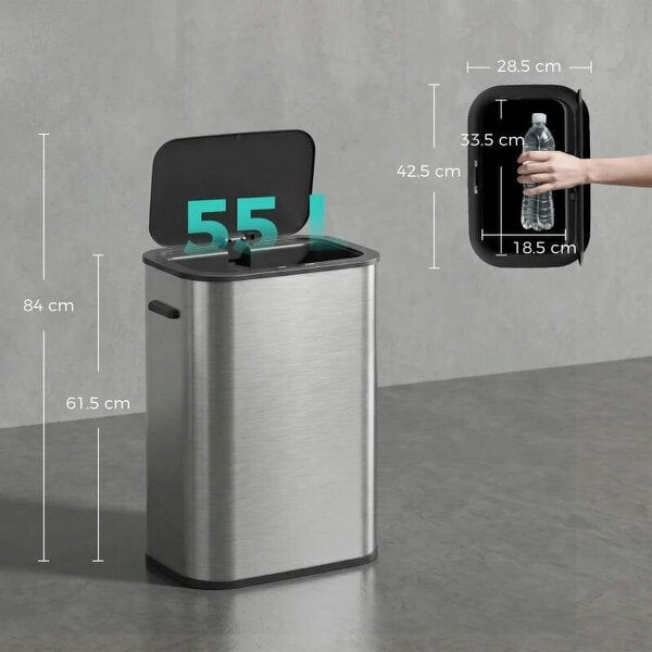 55L Sensor Bin for Kitchen, Touchless Automatic Waste Rubbish Bin, Stainless Steel, Battery Operated, Silver Tone