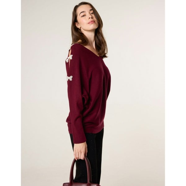 Blue Vanilla V-Neck Batwing Shoulder Pearl Detailing Jumper