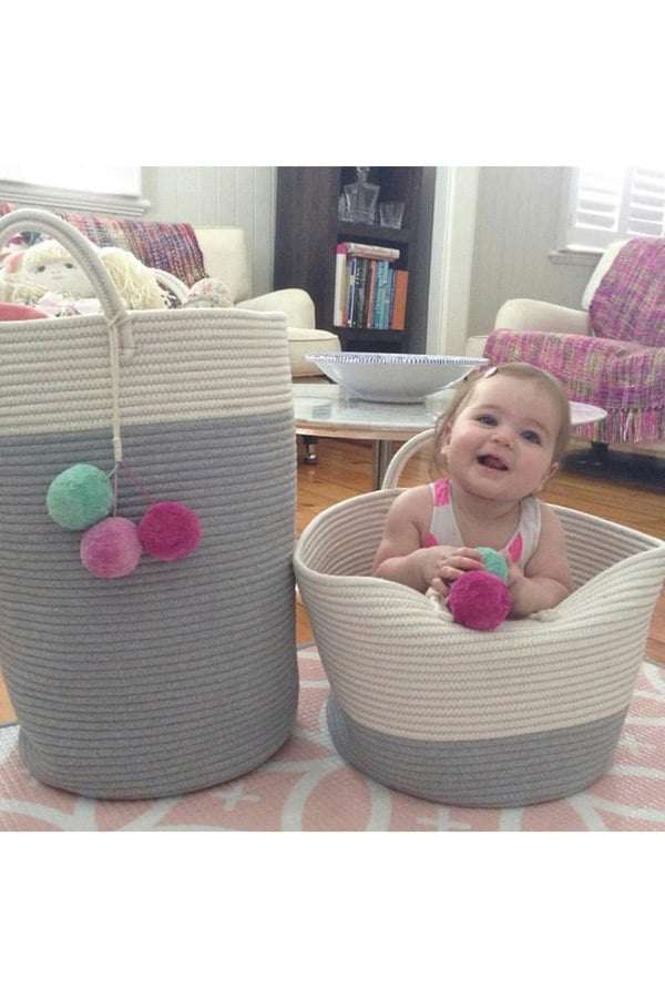 Living and Home 31L Cotton Thread Laundry Basket Clothes Storage Hamper Toy Basket with Handle Bathroom 25cm H