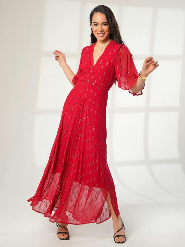 Rose & Nancy Talia Red Sparkle Maxi Dress